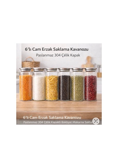 6 Adet 1300 Ml Vakumlu Metal Kapaklı Cam Kavanoz Bakliyatlık Erzak Saklama Kabı Gri Gri