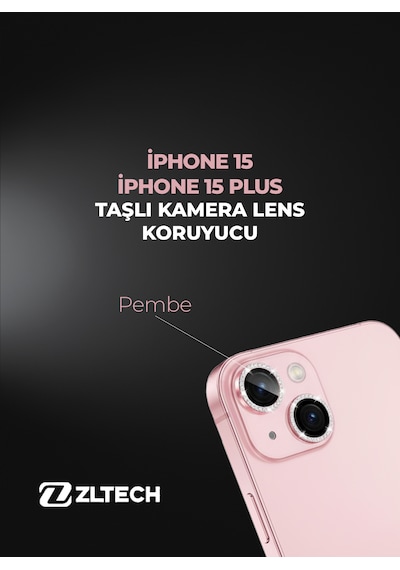 İphone 15/15plus Uyumlu Taşlı Kamera Lens Koruyucu Pembe