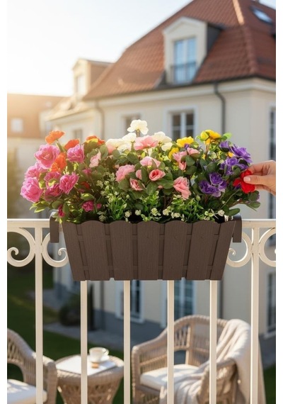 Yapay Çiçek Kahverengi Balkon Saksıda Küpeşte Askılı Açelya Çiçeği Karışık Renkli Çiçek Sepeti 50cm