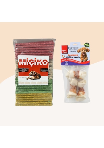 Miçiko Renkli Munchy Köpek Ödülü 100'lü + 3'lü Tavuklu Mini Düğüm Kemik