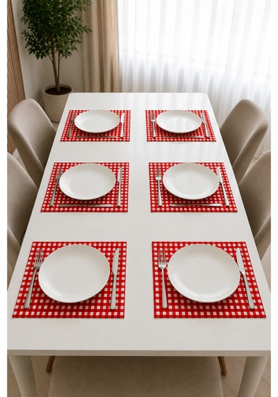 Kareli Amerikan Servis 6'lı Set 35x45 Cm Kırmızı Petibör Tabak Altlığı Su İtici Masa Altlığı