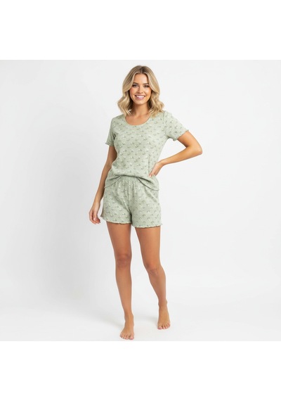 Bonbon Kadın Jakarlı Açık Yeşil Renk Çiçek Desenli 3'lü Set Pijama Takımı Bb2312 Yeşil