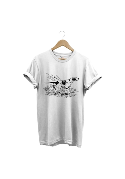 Avcılık Av Desenli Orman Temalı Pointer Av Köpeği Tasarımlı %100 Pamuk Regular Fit Beyaz T-shirt Beyaz