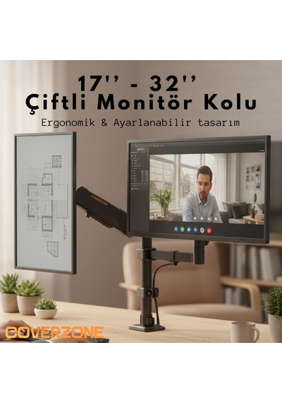 17 32 İnç Amortisörlü Çiftli Pivot Monitör Kolu, Gazlı Yaylı, 2 9 Kg, Çift Montaj Seçeneği Sıkıştırma Ve Vidalama, 360 Döner, Vesa Uyumlu Stant, M01, Siyah