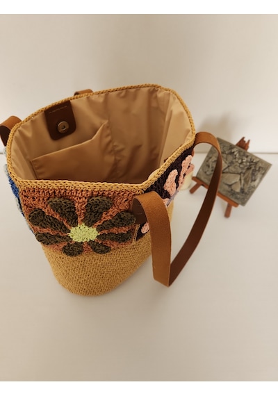 Fikriharika Design El Yapımı Papatya Motifli Kağıt İp Omuz Çantası Açık Camel - Çok Renkli