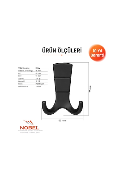 Mina Lüks Askı, Metal, Vestiyer Askı, 125 Gr, Dolap Askılık, Duvar Askılığı, Mat Siyah Vidalı