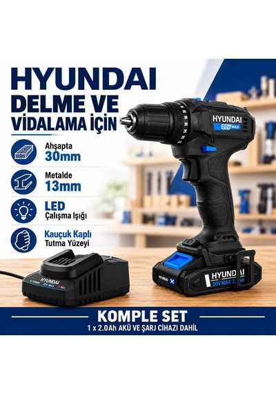Hyundai Dd20s-40tt 20v Akülü Matkap 40nm 2 Vites Led 2.0ah + Şarj