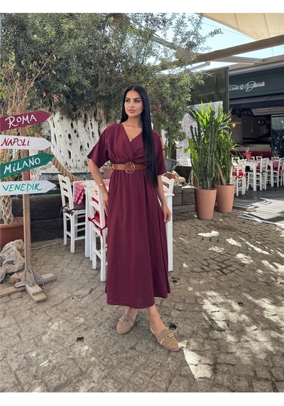 WeShaya Bordo Kruvaze Kemerli Saten Elbise Bordo