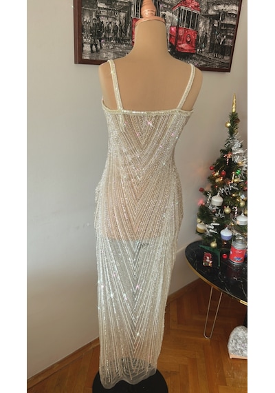 Chica Rosa Fashion Pudra Sarı Taşlı Kristal Abiye Elbise