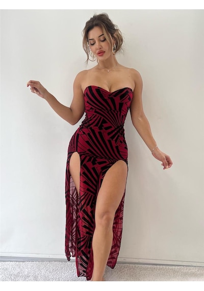 Pink Life Kırmızı Geometrik Desenli Flog Baskılı Astarlı Maxi Elbise-Kırmızı