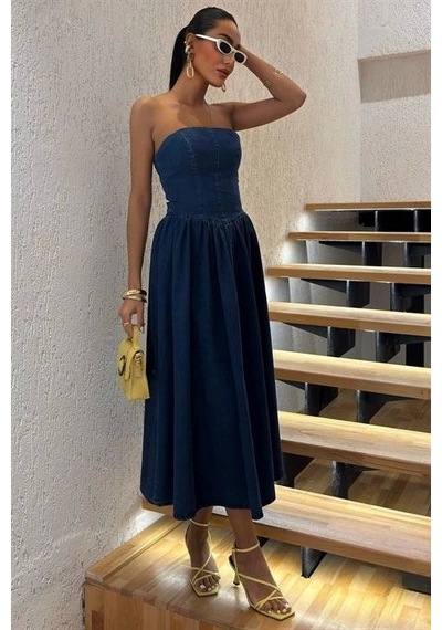 Defymoda Beli Pileli Straplez Denim Elbise 2886 Denim