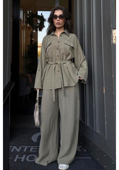 Seeh Haki Uzun Kollu Oversize Kadın Takım Sh338 Standart