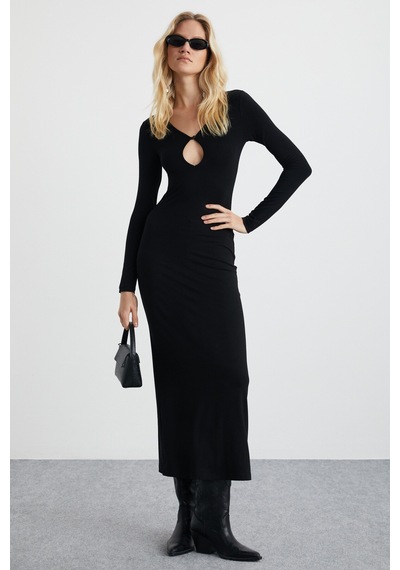 Ethıquet Lurvın Kadın Viscon Likralı Dekolte Yaka Vücüdü Saran Bodycon Maxi Siyah Elbise