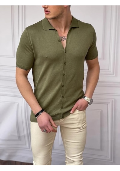 Modefendi Slim Fit Polo Yaka Triko Pamuk Kısa Kollu Gömlek Haki