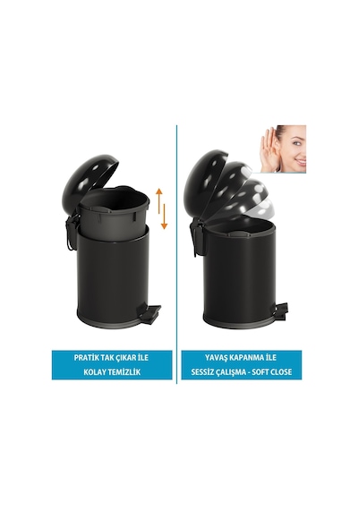 Aqua Bagno Smile Klozet Fırçası + Çöp Kovası 5 Lt -2 Parça Set, Mat Siyah Çok Renkli