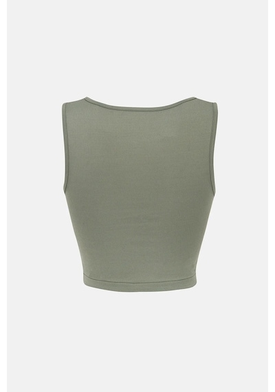 Hiccup Düz Renkli Fitilli Ön Kıvrık Crop Top Haki Yeşil