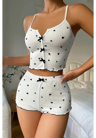 Merry See Özel Örme Kumaş Kalp Baskılı Şortlu Pijama Takımı Beyaz