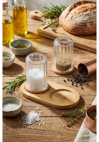 Makri Home Bambu Standlı Tuzluk & Baharatlık Seti 2 Li Şeffaf