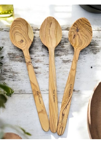 F&s Woodart 3 Adet Edremit Zeytin Ağacı Doğal Ahşap El Yapımı Tahta Kaşık Yemek Kaşığı 29 Cm Tencere Kaşığı