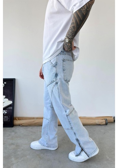 Buz Mavi Tasarım Paça Fermuar Detay Baggy Pantolon Buz Mavi Tasarım Paça Fermuar Detay Baggy Pantolon
