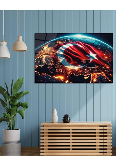 Bayrak Desenli Cam Tablo Modern Ofis Makam Odası Hediyelik Büyük Tablo Duvar Dekoru
