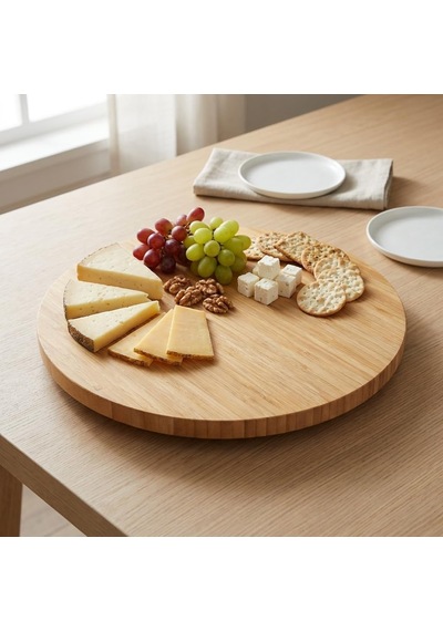 360 Dönerli Bambu Sunum Tablası, 30 Cm Çap, 2,2 Cm Kalınlık, Yuvarlak Servis Tepsisi, Doğal Bambu Rengi, Kahvaltı Ve Peynir Sunumu İçin, 1 Adet Çok Renkli