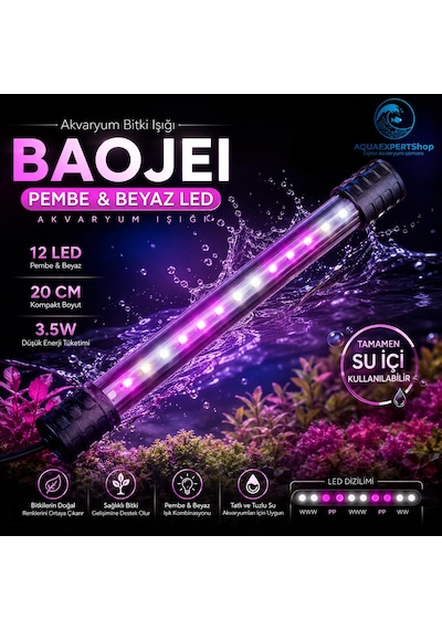 Akvaryum Işığı - Bitki Işığı - Balık Işığı - Tamamen Su İçinde Kullanılabilir - 12 Led - Pembe Beyaz - 20 Cm - Güçlü Aydınlatma - 3.5w