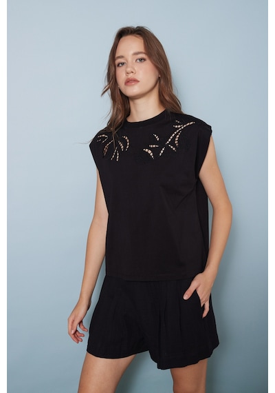 Nisan Cutwork Nakış Detaylı T-shırt SIYAH