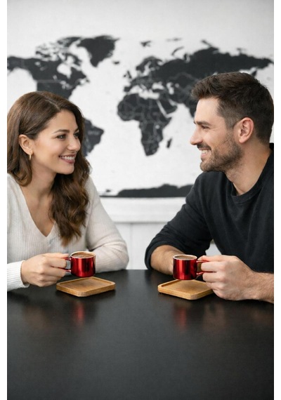 Aynalı Borosilikat Cam Türk Kahvesi Fincan Seti,kırmızı,2x125ml Bambu Tabaklı, Isıya Dayanıklı Kırmızı