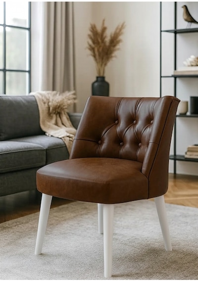 Waterybrook Berjer Sandalye - Kapitoneli Suni Deri - Beyaz Ahşap Ayaklı - Retro Modern Tasarım Acı Kahverengi