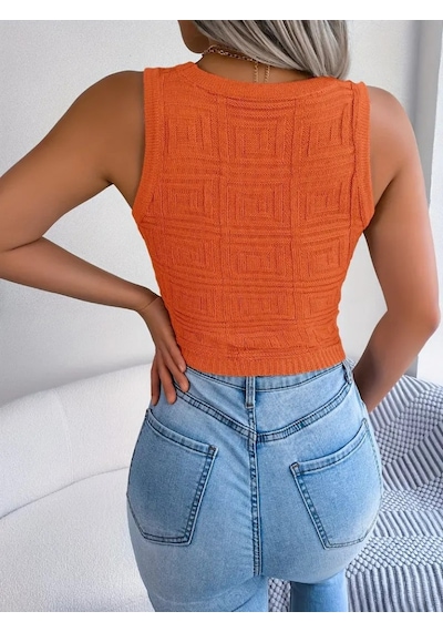 Efnaz Style Kadın Askılı Bisiklet Yaka Güpüs Dekolteli Triko Crop Bluz Turuncu