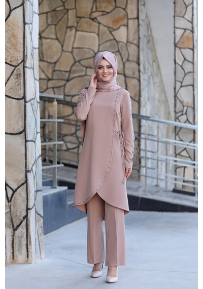İbrahim Burak Etiler Collection Boncuk İşlemeli Takım Mdc 5434 Pudra