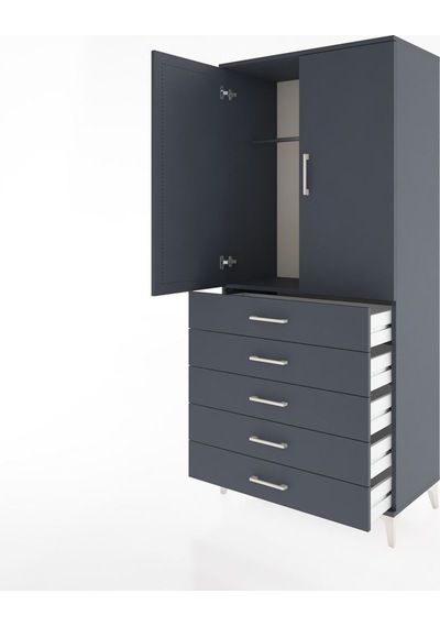 Hyperion Dolap Tek Raflı 5 Çekmeceli Tek Askılı 88x44x195 Ant... Antrasit