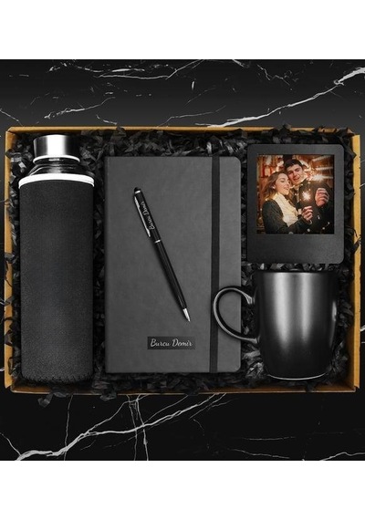 Özel Kılıflı Cam Şişe Matara & Kişiye Özel Defter & Metal Touch Pen Kalem & Fotoğraf Çerçevesi & Siyah Kupa Hediye Seti