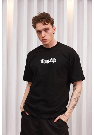 Erkek Bisiklet Yaka Baskılı Kısa Kol Oversize T-shirt - Siyah Çok Renkli
