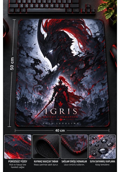50x40 Cm Solo Leveling İgris Desenli Gaming Oyuncu Mouse Pad Kaymaz Taban Büyük Fare Altlığı