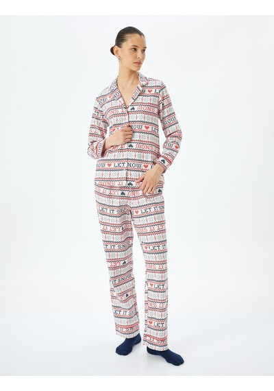 Koton Yılbaşı Temalı Pamuklu Gömlek Pijama Üstü Kırmızı Desenli 5wlk50017mw Kırmızı