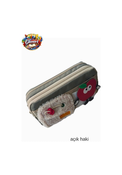 İçi Ful Astarlı 3 Gözlü Kalemlik Elma Figürlü 1 Adet Haki