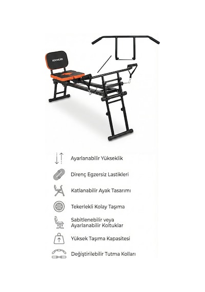 Yeni Nesil Çok Fonksiyonlu Ayarlanabilir Spor Bench Sehpası Direnç Lastikli, Katlanabilir Ve Teker