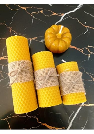 Petekoğlu Balmumu Mum Dekoratif Hediye Kutusu 4 Lü Set Doğal Petek Beeswax Candle Bal Kabağı Jüt Kumaş Enerji Sınıfı A 000 Açık Krem