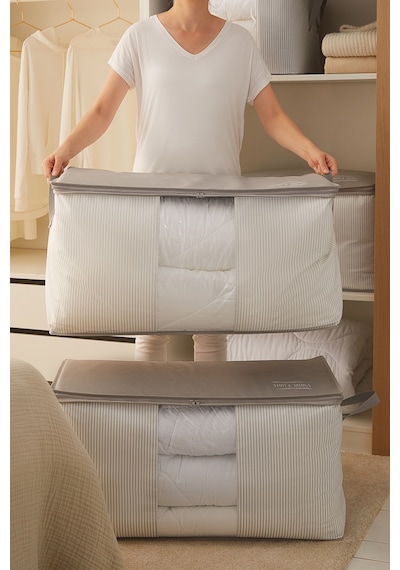 Ocean Home Textile 2'li Mega Boy Pvc Pencereli Stuff & Things Gri Çizgili Hurç Set