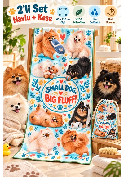 Kedi & Köpek Kurulama Havluları Pomeranian Mix - Köpek Desenli Büyük Boy Hızlı Kuruyan 60x120cm