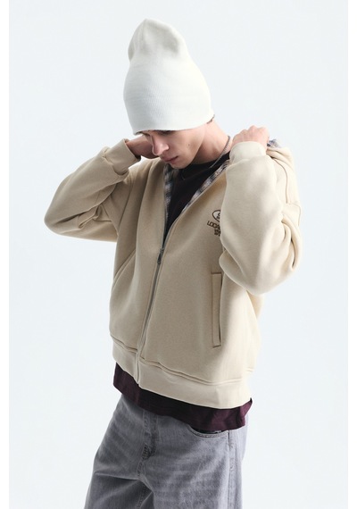 Vamos Boxy Fit Fermuarlı Kapüşonlu Sweatshirt V70-245 Bej