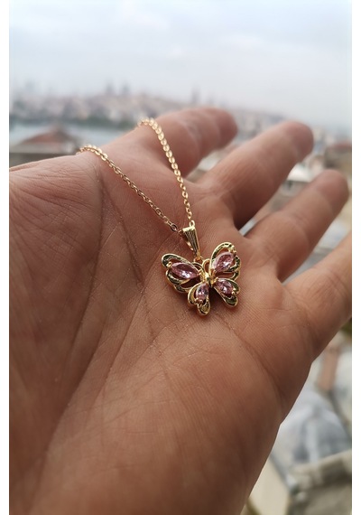 Ervanur Altın Kaplama Pembe Zirkon Taşlı Kelebek Kolye Altın