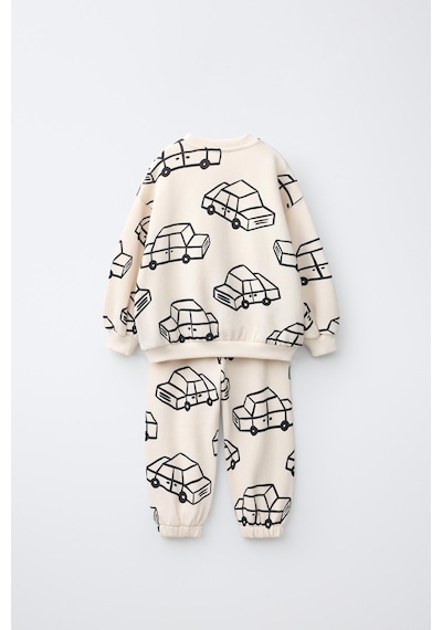 Magu Çocuk Pamuklu Araba Desenli Ekru Sweatshirt Ve Eşofman Altı Takımı