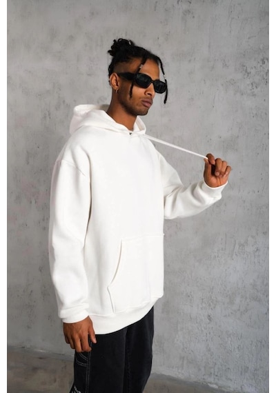 Erkek 3 İplik Pamuklu Kapüşonlu Kanguru Cepli Sweatshirt Hoodie - Beyaz