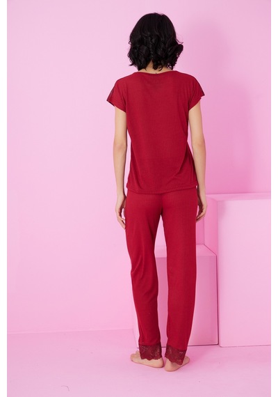 Siyah İnci Soft Touch İnce Mevsimlik Dantel Detaylı Örme Pijama Takım7864 Bordo