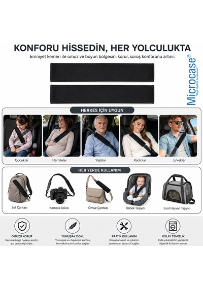 Microcase Emniyet Kemer Kılıfı Yumuşak Elyaf Dolgu Malzeme Cırtlı Tasarım Siyah 2 Adet Al5671