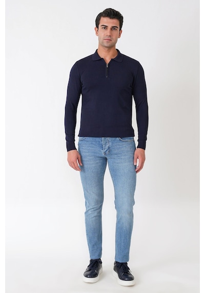 Slim Fit Esnek Pamuklu Fermuarlı Polo Yaka Lacivert Triko Tr 902