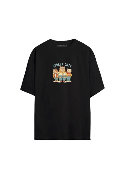 Street Cats - Sokak Kedileri Siyah - Beyaz Oversize T-shirt SIYAH
